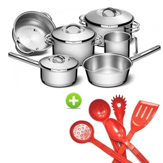 Jogo de Panelas Aço Inox Solar Tramontina Fundo Triplo Indução 6 Peças e Utensílios 5 peças Vermelho em Oferta na Shopee