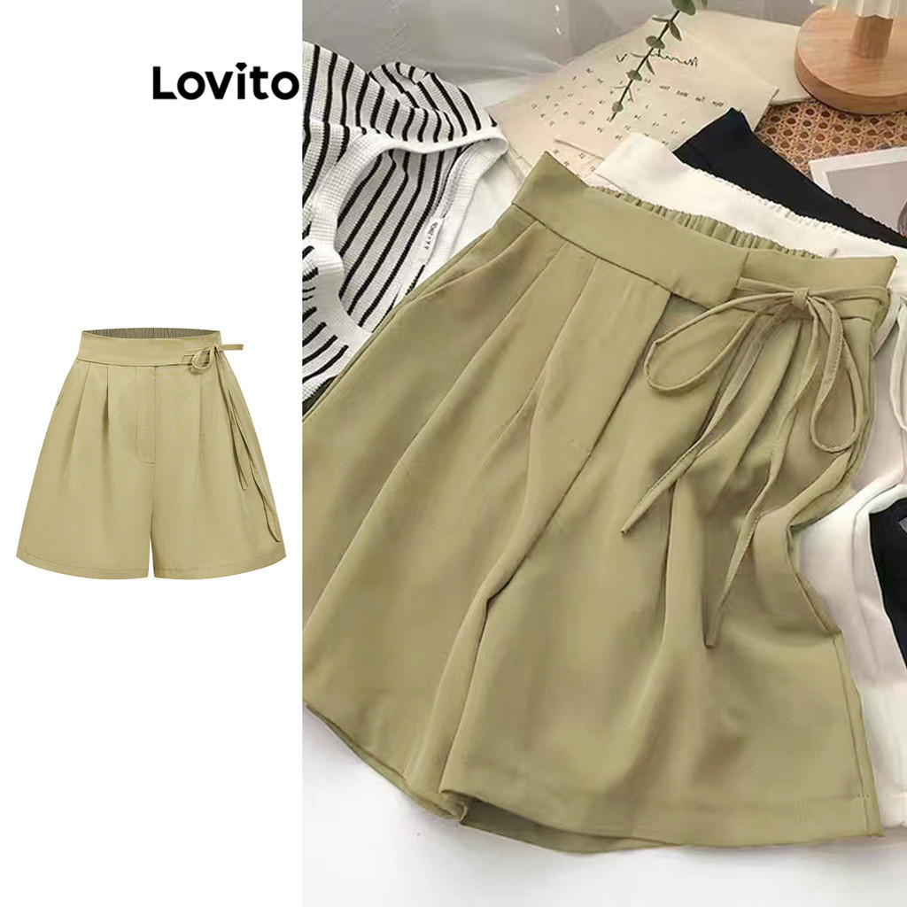 Lovito Shorts casuais de bolso com botão liso para mulheres L85AD242