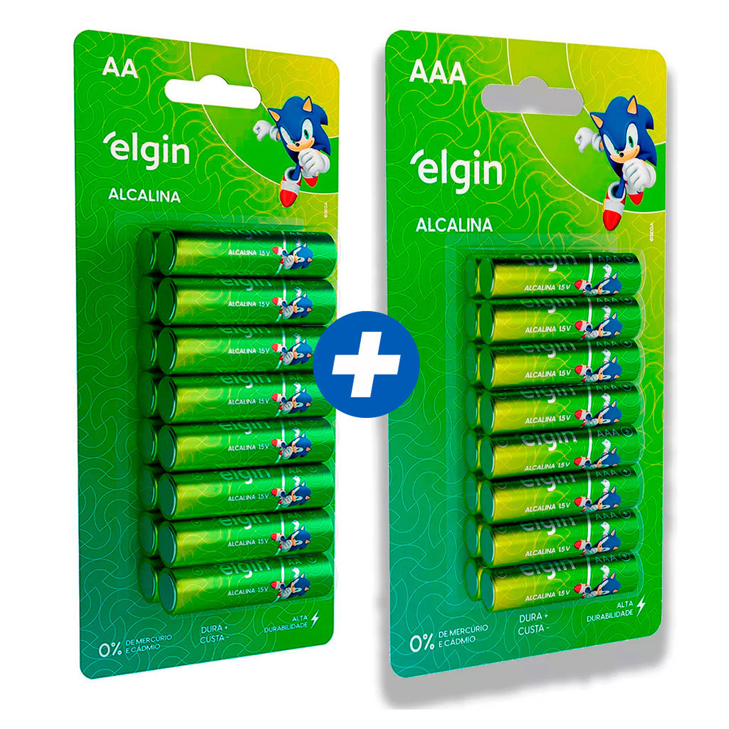 Kit 32 Pilhas Elgin Alcalina Longa Duração 16 Pilhas AA + 16 Pilhas AAA ...