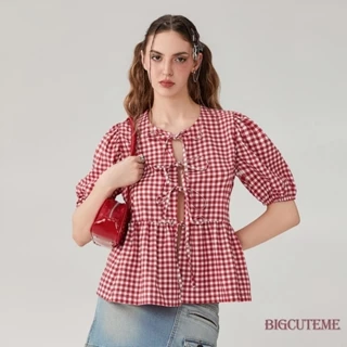 [Blusa Frontal De Amarrar Camisas De Mola De Pescoço Redondo Impressão Solta