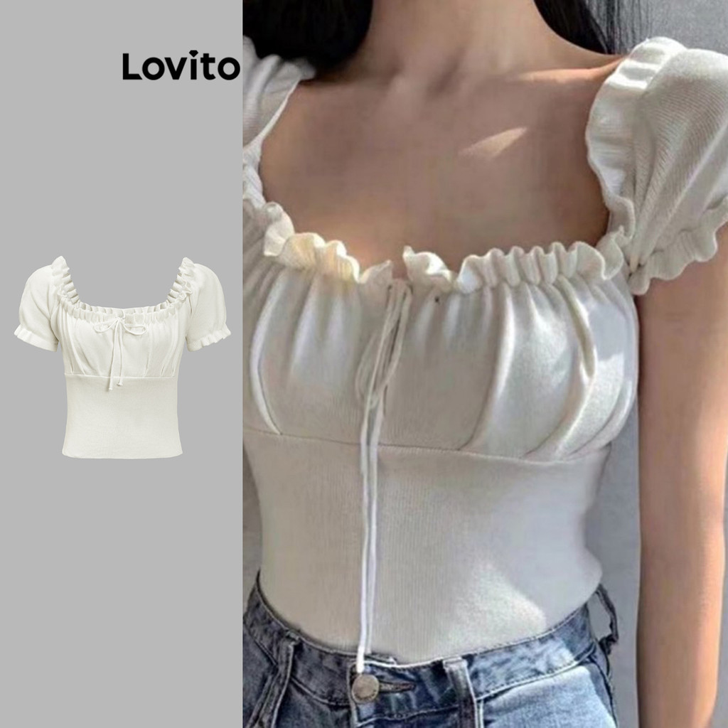 Lovito Top de malha casual liso plissado com renda para mulheres L87ED323