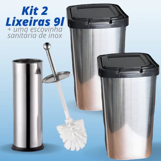 2 Lixeira Cesto 09l Inox Com Tampa Click Label + Escovinha