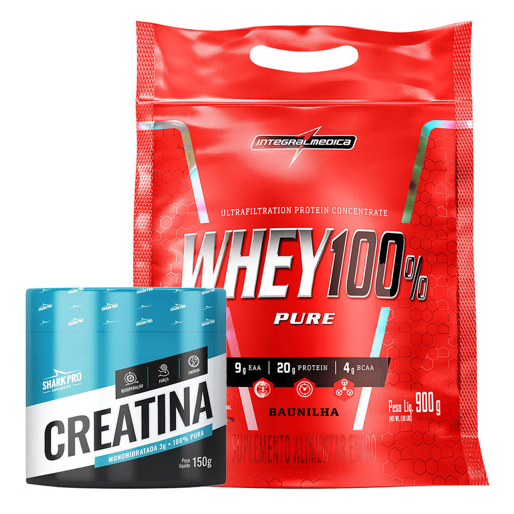 Kit Whey 100 Integralmedica 900g Creatina Pura Shark Pro 150g