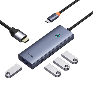 Baseus Adaptador Hub Tipo-C BS-OH10 HDMI 4K 30Hz USB3.0 PD100W Compatível com Windows Apple OS Linux Vista Compacto Portátil com 5 Portas USB-A 3.0 5Gbps x 4 Entrada Tipo-C e Saída 5V-0,9A Ideal para Viagens e Escritórios Durável e Leve