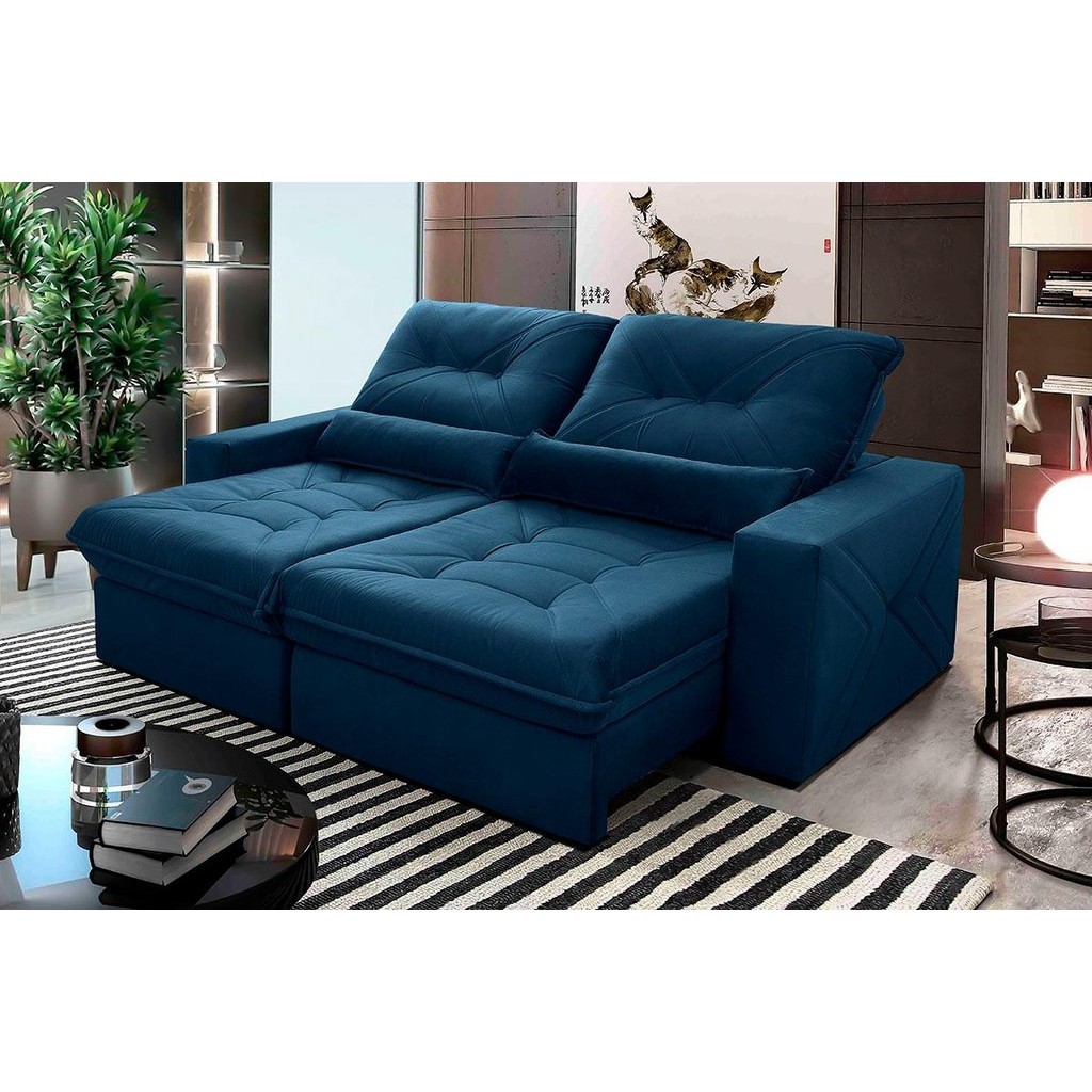 Sofá Retrátil/Reclinável Sevilha 2,50m Suede Velut Azul Marinho c/ Molas Ensacadas - King House