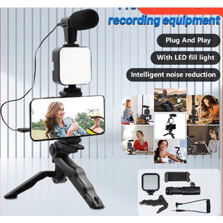 Luz De Preenchimento LED Com Microfone Smartphone Live Streaming Vlogging Kit Equipamento De Gravação De Vídeo Tripé
