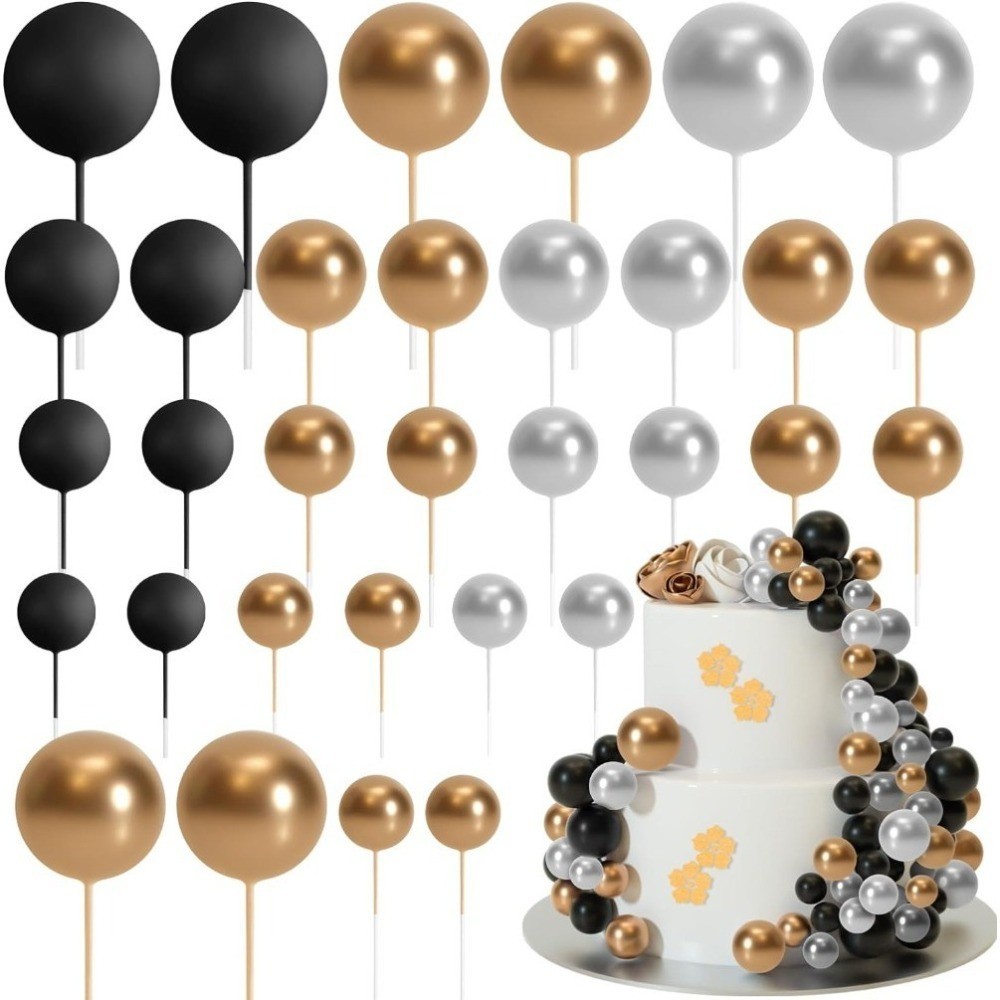 【 Black Gold 】 20 Pcs Cake Topper Decorações Sticks Espuma Bolas De Picks Balls Para Festa De Casamento Bolo De Aniversário