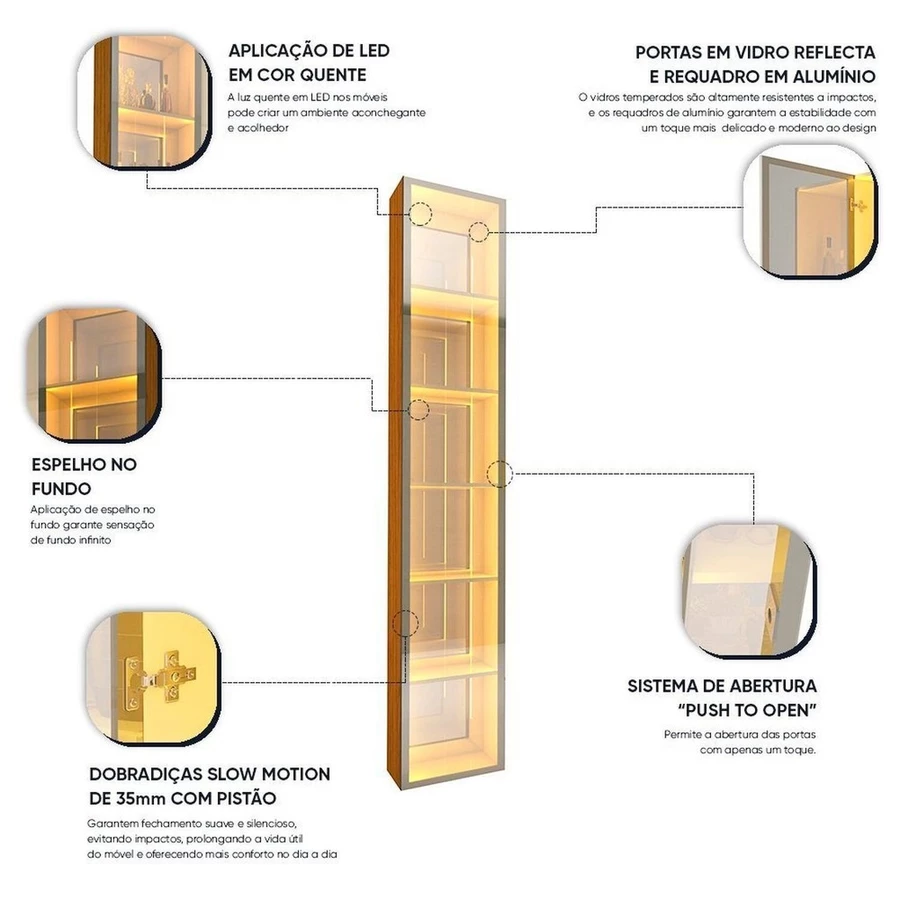 Cristaleira 1 Porta Reflecta com Fita Led com Espelho Luminare 100% Mdf Naturale — foto 4 de 5