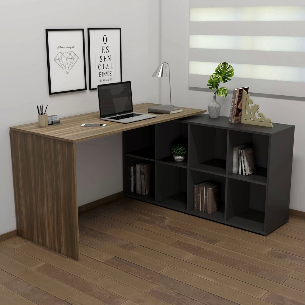 Escrivaninha Mesa Escritório Ergonômica e Atemporal em L com 8 Nichos ...