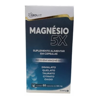 MAGNESIO 5X GEOVIT CINCO TIPO DE MAGNÉSIO (dimalato/quelato/taurato/citrato/oxido) 500MG C/ 60 CAPSULAS A2F Auxilia na Memória, Cérebro, regulagem do Sono