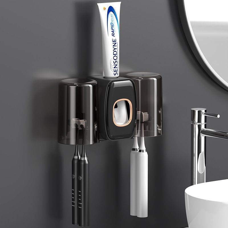 Dispenser Aplicador Creme Dental Suporte 4 Escovas e 2 Copos Banheiro Parede Multifuncional Organização E Praticidade