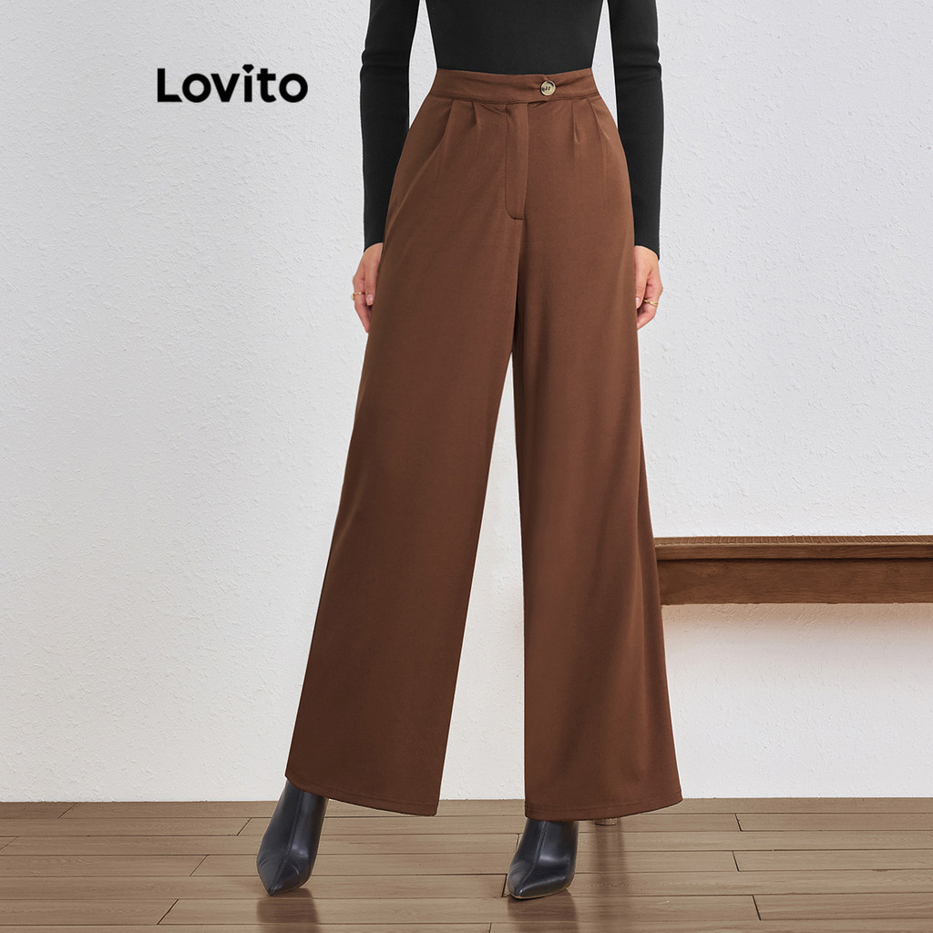 Lovito Calça casual lisa assimétrica com botões para mulheres LBL11369