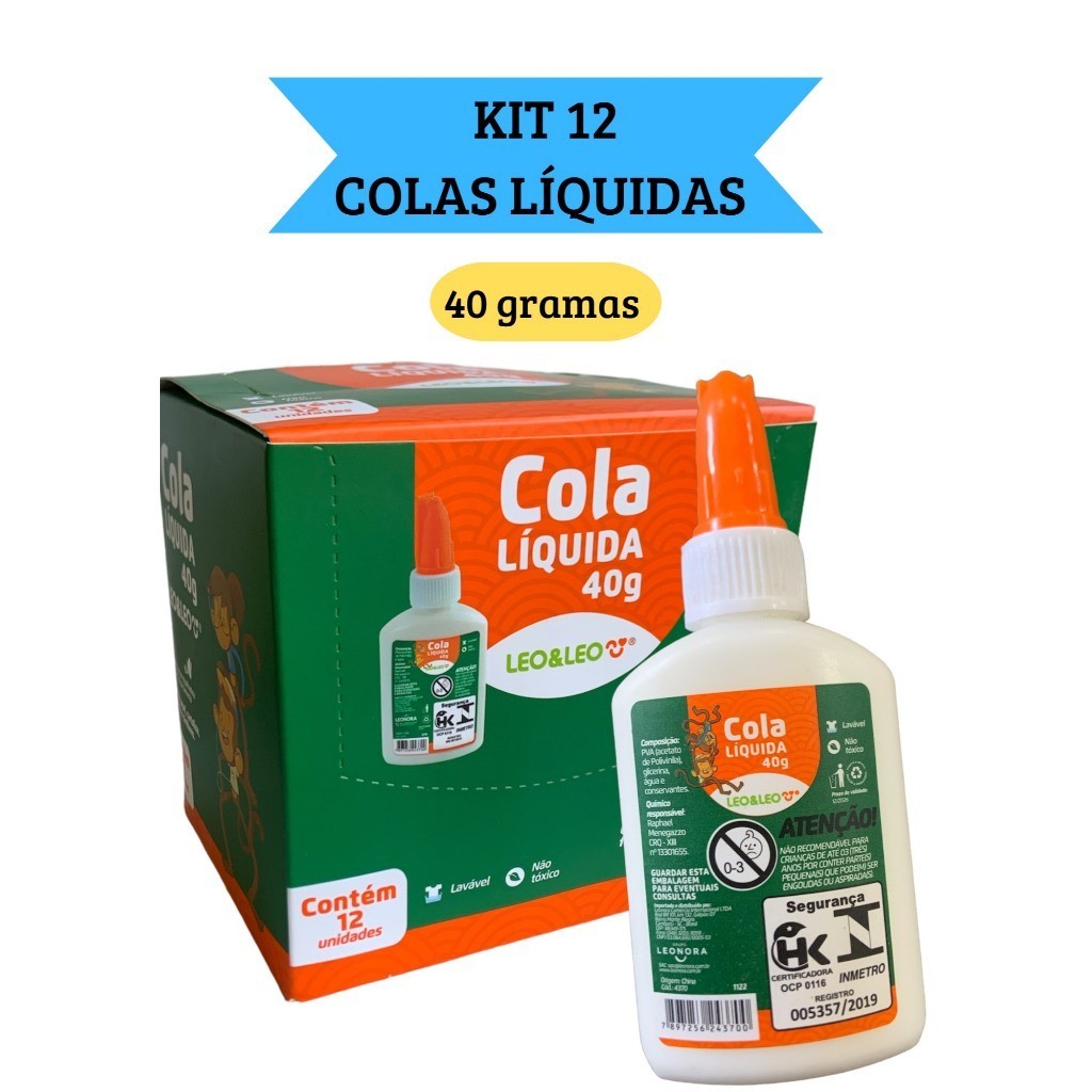 kit 12 Cola Líquida Branca Escolar 40g com espátula Leo&Leo | Shopee Brasil