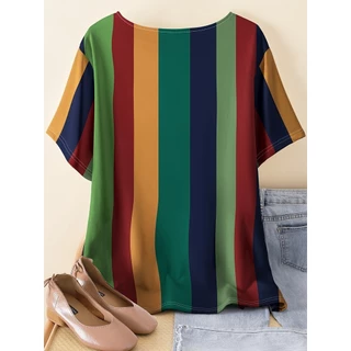 Camiseta Casual De Manga Curta Listras Para Roupas Femininas De Primavera Verão Plus