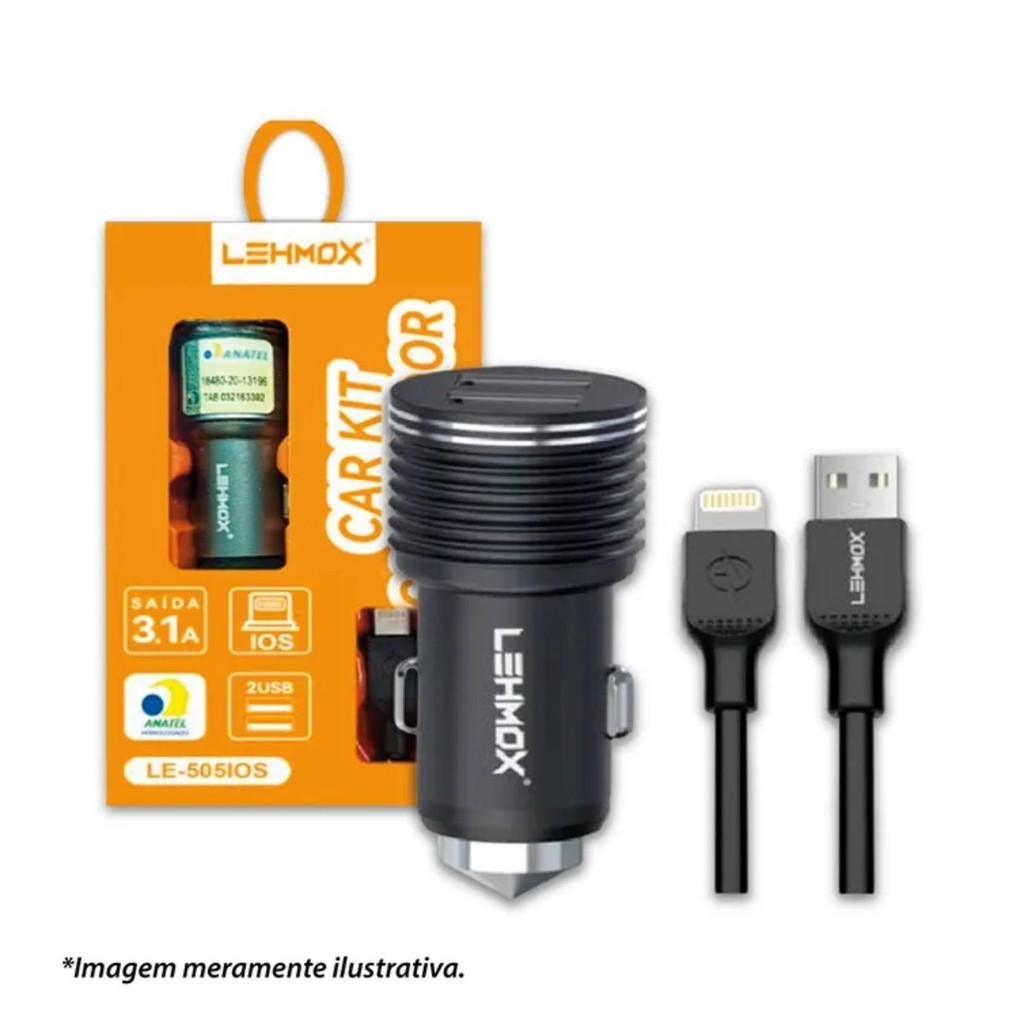 Carregador Veicular com Cabo IOS 3.1A LEHMOX LE505IOS
