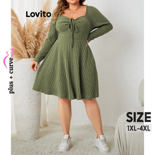 Lovito Vestido plus size curvo casual liso com renda para mulheres LNL55103