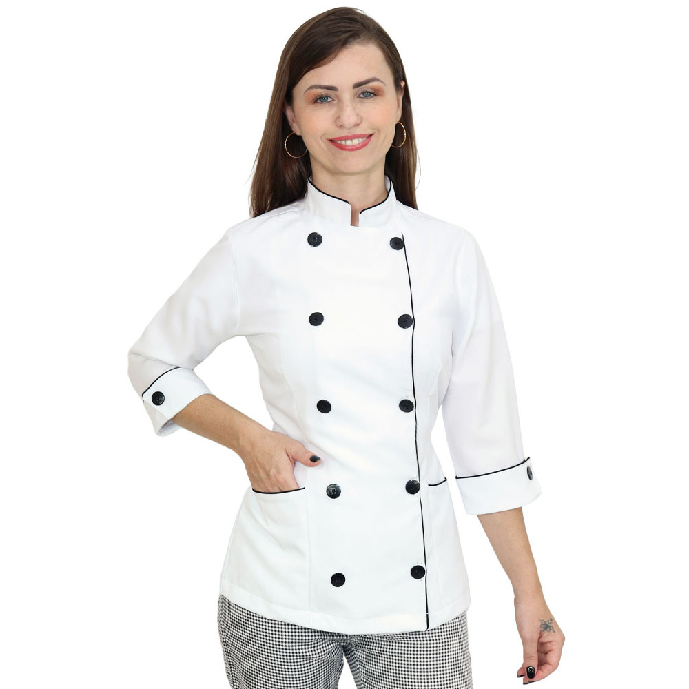 Dolmã chef de cozinha feminina manga 3/4 com tiras para ajus