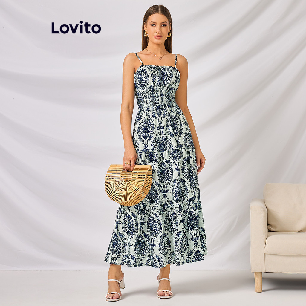 Lovito Sexy Vestido Feminino Paisley com Camadas Costura no Tecido e Cintura Elástica LBL09154