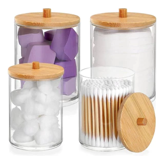 Kit Porta Cotonete E Algodão Acrílico Tampa Em Bambu Organizador Multiuso 2 un
