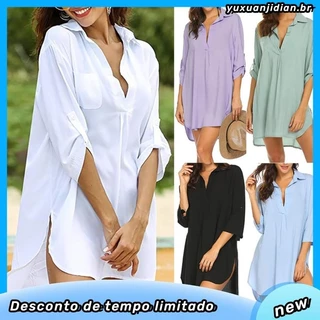 Camisa saida de praia camisao adulto feminino plus size manga longa branco preto