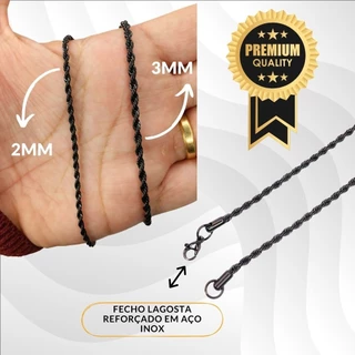 Corrente Cordão Masculino 60cm Elo Baiano Trançado 2mm e 3mm Preto Minimalista Aço Inox Prova DÁgua