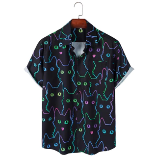 Linha Estampa Gato Casual Camisa De Manga Curta Masculina Para O Verão Resort De Férias Homens