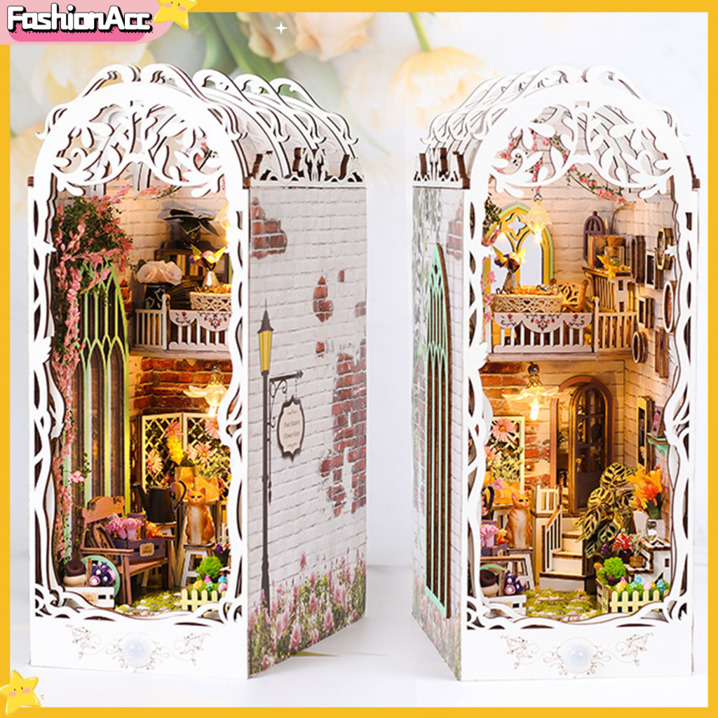 Bookend Model Diy Kit Wooden Book Nook with Led Lights Miniature House ...
