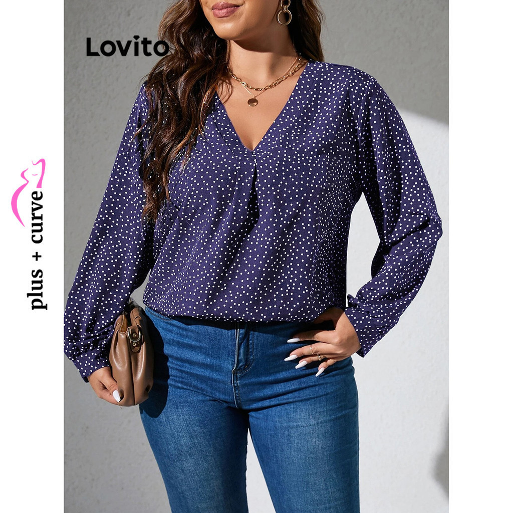 Lovito Blusa plissada casual plus size com bolinhas para mulheres LBL13288