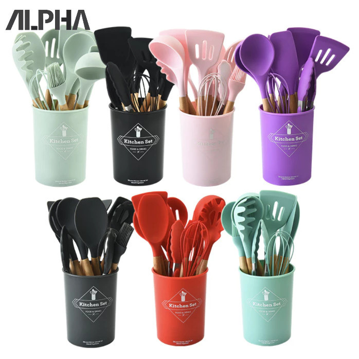 Jogo de Cozinha Kit C5/12 Peças de Silicone, Utensílios e Copo Suporte para Cozinha Cabo de Madeira