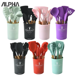 Jogo de Cozinha Kit C5/12 Peças de Silicone, Utensílios e Copo Suporte para Cozinha Cabo de Madeira
