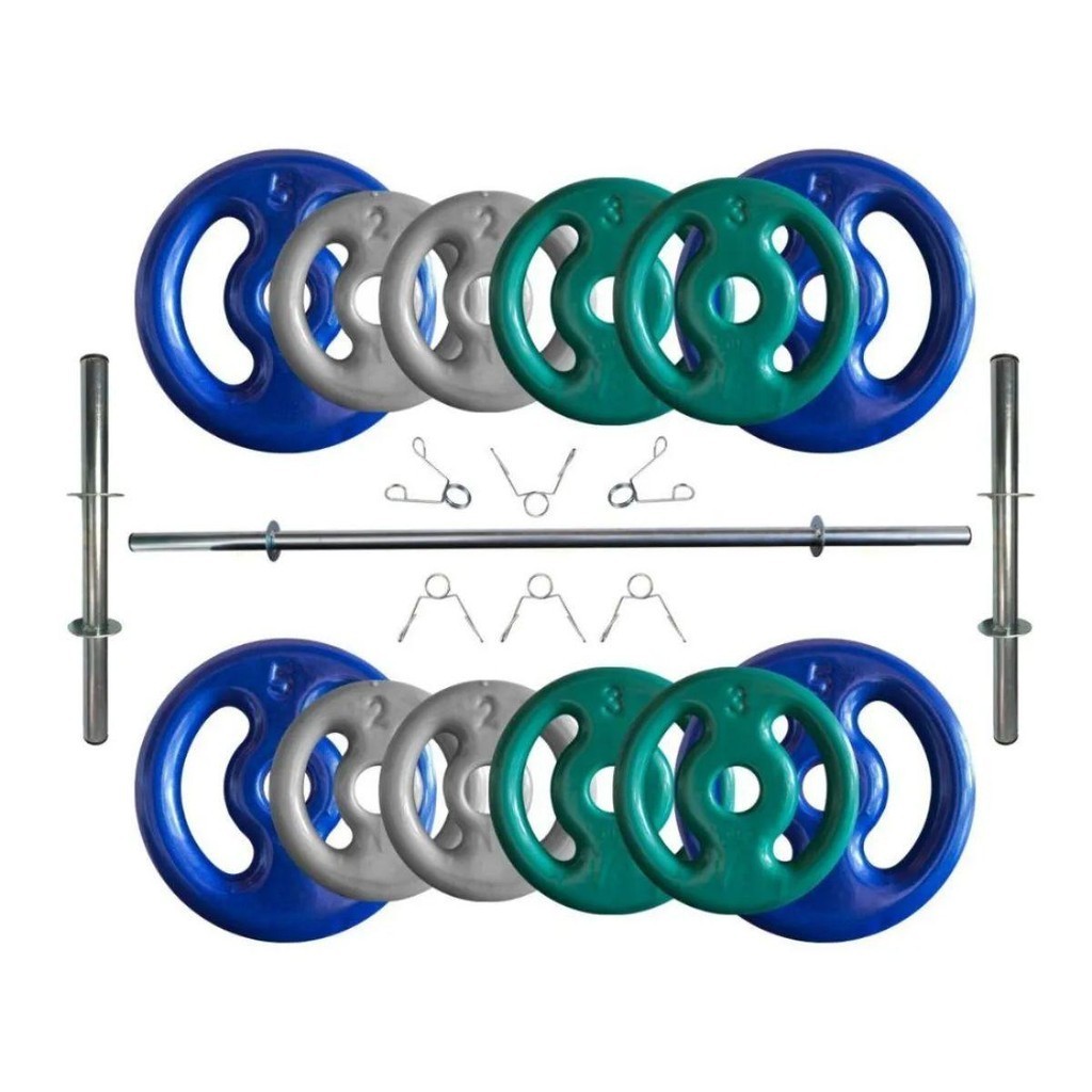 Kit Anilhas Emborrachadas 40 Kg + Barras com Presilhas