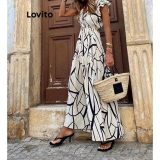 Lovito Vestido Elegante Com Babados Geométricos Em Camadas Para Mulheres LNL38060 (Preto E Branco)