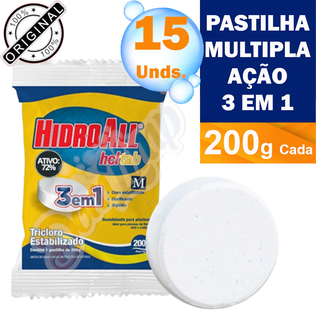 Kit 15 Tablete Cloro HTL Tab 3 em 1 Pastilha 200gr - Hidroall | Shopee ...