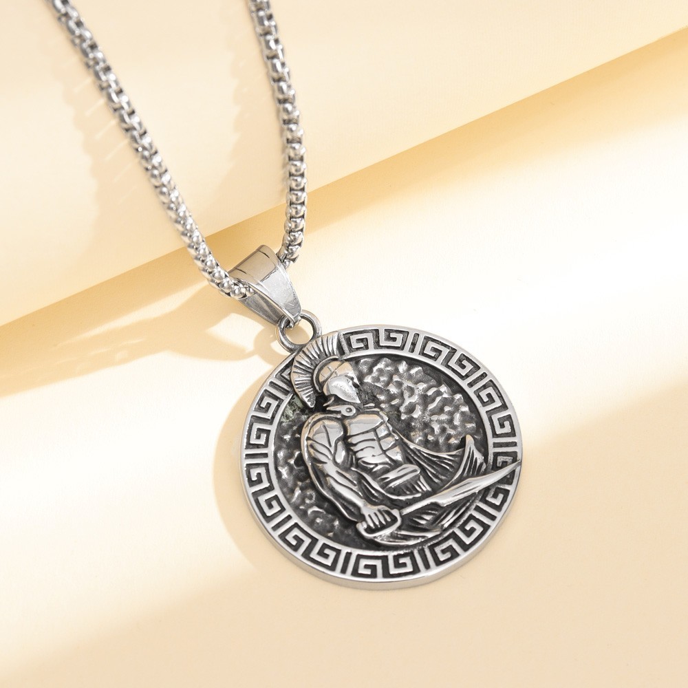 Retro Antigo Capacete Grego Espartano Pingente Colar De Prata Da Moda Masculina Corrente Redonda De Cor Sólida
