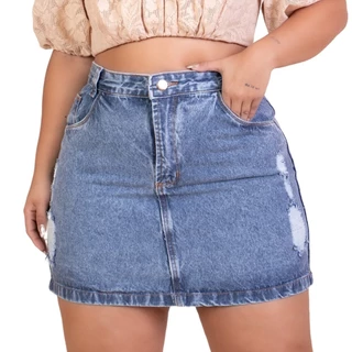 Saia Jeans Plus Size Barra Feita Feminina Cintura Alta