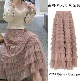 Saia de Bolo Saia Longa Estilo Princesa Fungus Edge Saia de Borda Fungus Mid-Length Autumn Winter Version Super Fada Multi-Layer Early Spring Summer Korean