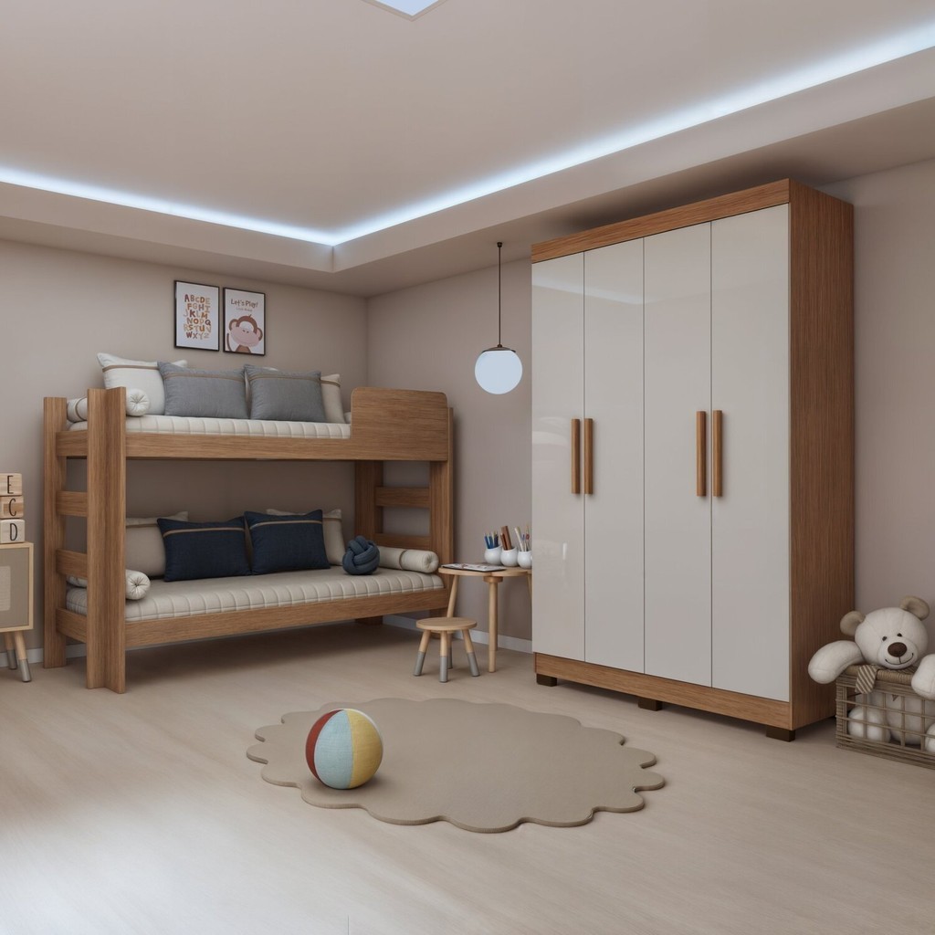 Quarto Infantil Completo com Guarda-roupa e Beliche Théo Amadeirado/Off ...