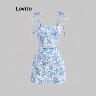 Lovito Lindos conjuntos de saias florais de porcelana azul e branca para mulheres L79AD054