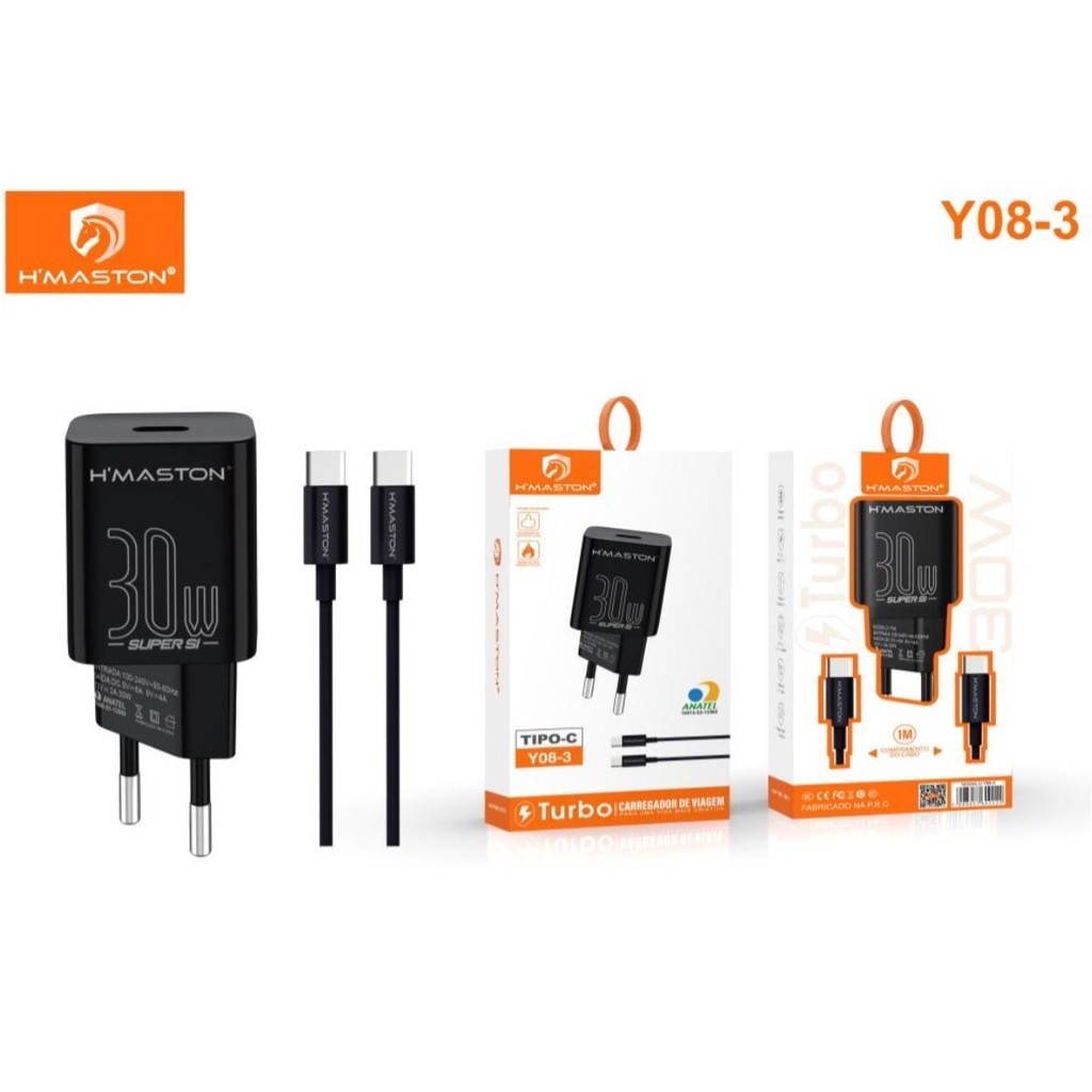 Carregador Turbo 30W H’maston Y08-3 Fonte USB-C /Cabo Tipo-c Para Tipo-c