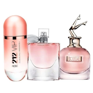 Kit 3 Perfumes Feminino 212 Vip Rose + La vie est belle + Scandal