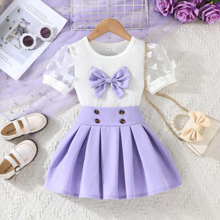 Conjunto Roupa Infantil Menina 2-7 anos Verão Manga Bufante Topo De Arco E Elástica Plissada Saia Curta Para Bebê Crianças