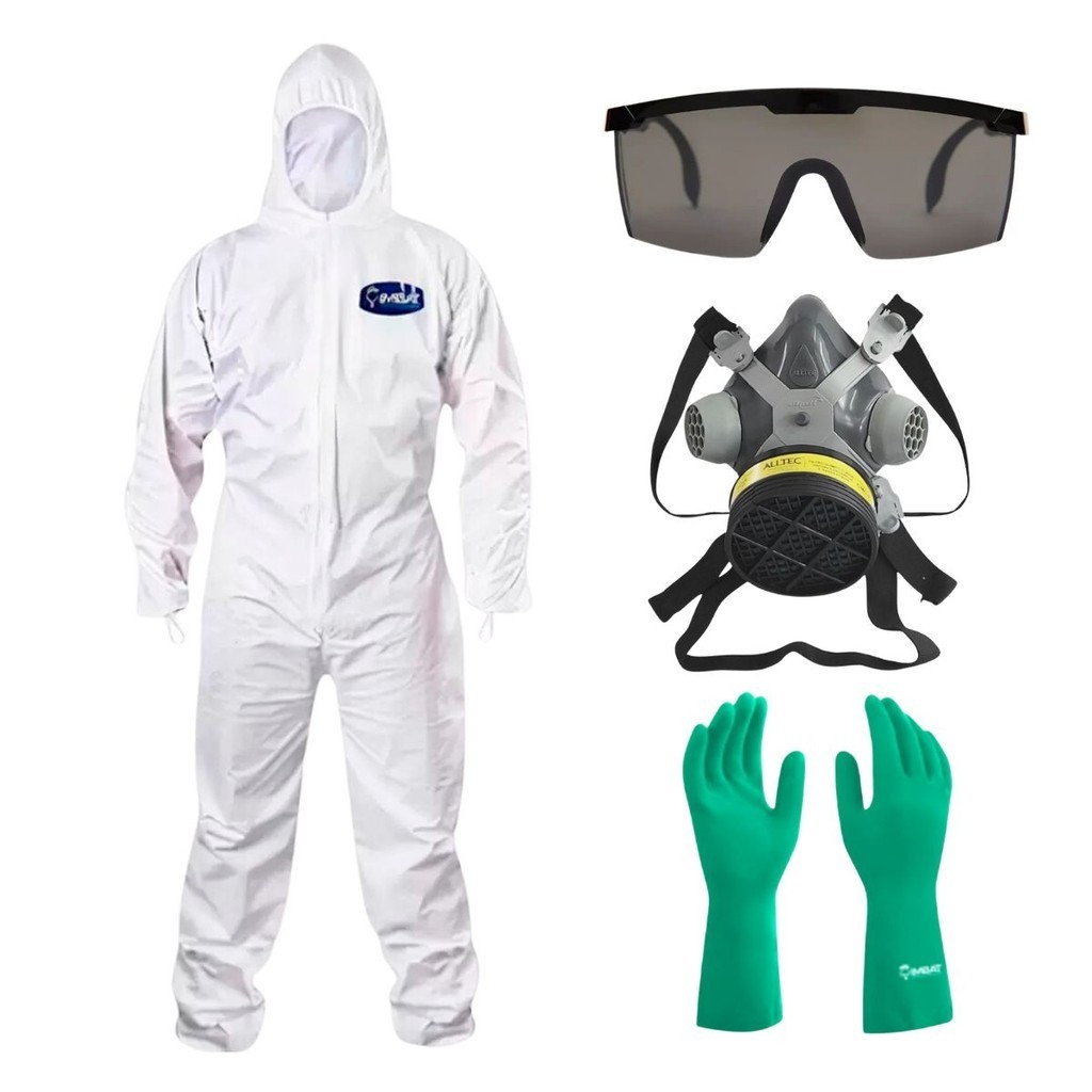 Kit Macacão Óculos Máscara Respirador Luva Proteção EPI