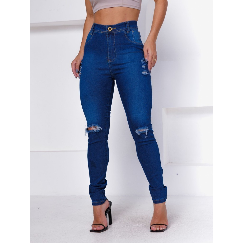 CALÇA JEANS FEMININA SKINNY RASGADA NO JOELHO E NAS LATERAIS COSTURA ...