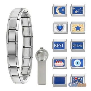 Pulseira De Prata Azul Combinação Charme Tamanho Italiano Links 9mm Aço Inoxidável Joias Faça Você Mesmo Acessórios De Moda Personalidade Módulo