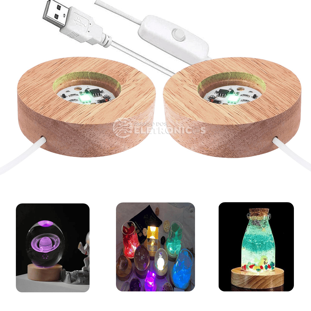 Kit 2 Bases De Led Com Luz RGB Colorido Para Cristal Redonda Tomada Usb ...
