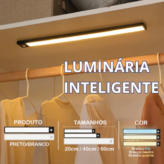 Smart Luminária Inteligente Ultra LED com sensor de movimento sem fio e Recarregável USB fino barra 20/40/60cm