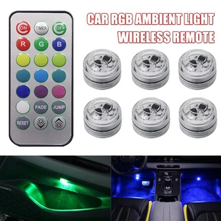 Lâmpada adesiva sem fio LED para interior do carro com controle remoto luz decoração ambiente teto piso automático bateria colorida