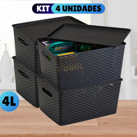 Kit Com 4 Cesto Caixa Organizadora Rattan Com Tampa  4 Litros Preto — foto 1 — Achou Levou Brasil