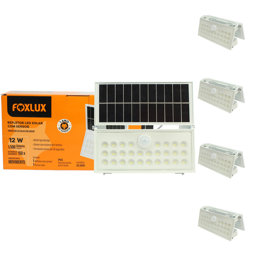 Kit 5 Refletor Led Foxlux 12W 6500K Solar com Sensor | Energia solar ...