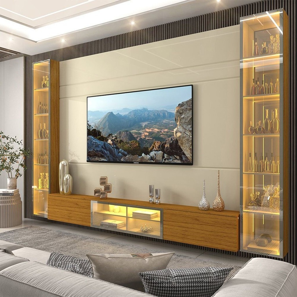 Estante para TV até 90 Polegadas 293cm com Porta Reflecta LED 100% MDF Luminare Off White/Naturale